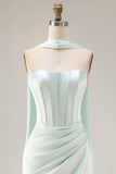 Light Green Strapless Mermaid Corset Side Slit Maxi Dress with a Neck Scarf