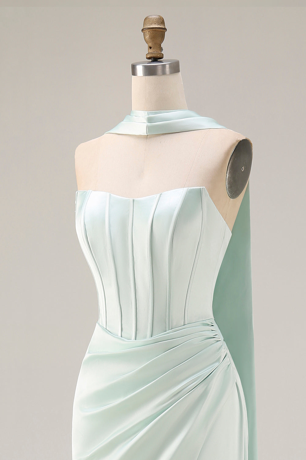 ZAPAKA Women Light Green Long Prom Dress with Slit Mermaid Strapless Satin Formal Dress with a Neck Scarf, Green / US14 ZAPAKA Women Light Green Long Prom Dress with Slit Mermaid Strapless Satin Formal Dress with a Neck Scarf, Green / US14