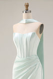 Light Green Strapless Mermaid Corset Side Slit Maxi Dress with a Neck Scarf
