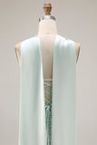 Light Green Strapless Mermaid Corset Side Slit Maxi Dress with a Neck Scarf
