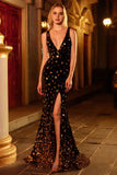 Black Golden Sequin Mermaid V Neck Open Back Long Prom Dress with Slit