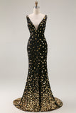 Black Golden Mermaid Sequin V Neck Open Back Long Prom Dress with Slit