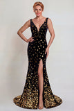 Sparkly Black Golden V Neck Mermaid Long Mother of the Bride Dress with Sequins