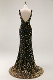 Black Golden Mermaid Sequin V Neck Open Back Long Prom Dress with Slit
