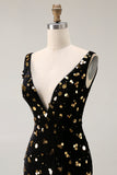 Black Golden Mermaid Sequin V Neck Open Back Long Prom Dress with Slit