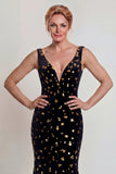 Sparkly Black Golden V Neck Mermaid Long Mother of the Bride Dress with Sequins