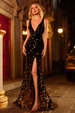 Black Golden Sequin Mermaid V Neck Open Back Long Prom Dress with Slit