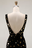 Black Golden Mermaid Sequin V Neck Open Back Long Prom Dress with Slit