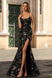 Black Purple Floral Mermaid Sequins Embroidered Long Prom Dress with Slit