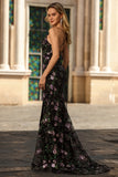 Black Purple Floral Mermaid Sequins Embroidered Long Prom Dress with Slit