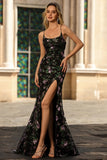 Black Mermaid Sequins Floral Lace Up Back Long Prom Dress with Slit
