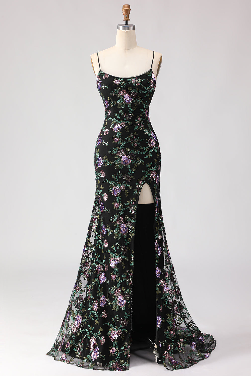 Zapaka Women Black Purple Floral Long Prom Dress with Slit Mermaid Spaghetti Straps Sequins Party Dress, Black Purple Flower / US24W Zapaka Women Black Purple Floral Long Prom Dress with Slit Mermaid Spaghetti Straps Sequins Party Dress, Black Purple Flower / US24W