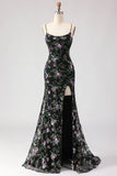 Black Purple Floral Mermaid Sequins Embroidered Long Prom Dress with Slit