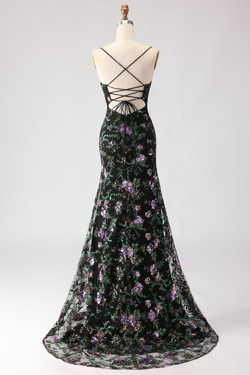 dark floral prom dress A-line floral prom dress with beaded corset bodice, lace-up back, slit skirt, and pockets