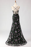 Black Purple Floral Mermaid Sequins Embroidered Long Prom Dress with Slit