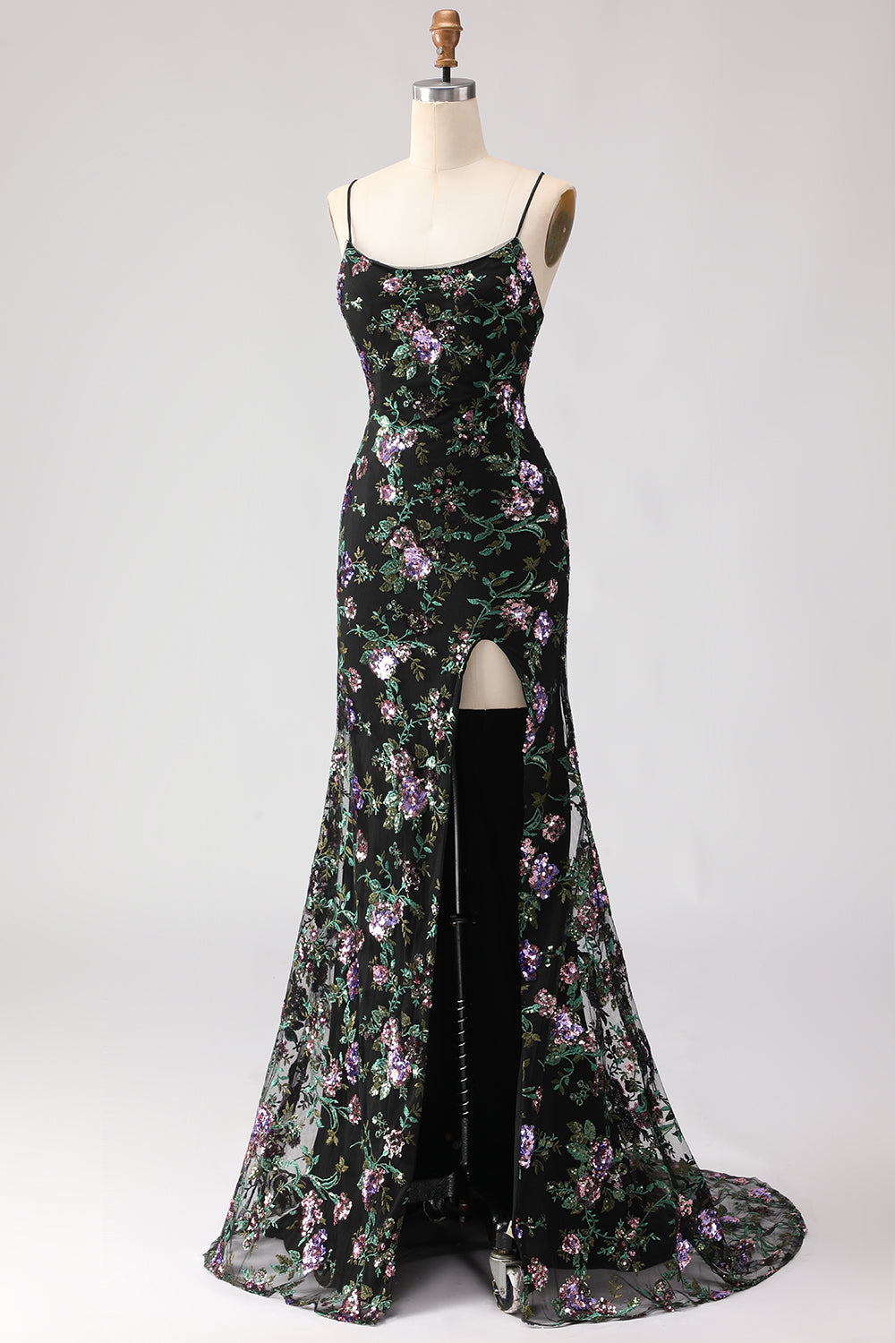 Zapaka Women Black Purple Floral Long Prom Dress with Slit Mermaid Spaghetti Straps Sequins Party Dress, Black Purple Flower / US24W Zapaka Women Black Purple Floral Long Prom Dress with Slit Mermaid Spaghetti Straps Sequins Party Dress, Black Purple Flower / US24W