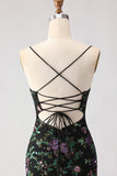 Black Mermaid Sequins Floral Lace Up Back Long Prom Dress with Slit