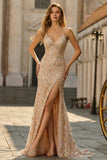 Champagne Beaded Mermaid Sequin Lace Up Back Long Prom Dress with Slit