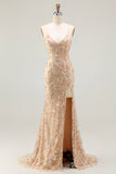 Champagne Beaded Mermaid Sequin Lace Up Back Long Prom Dress with Slit
