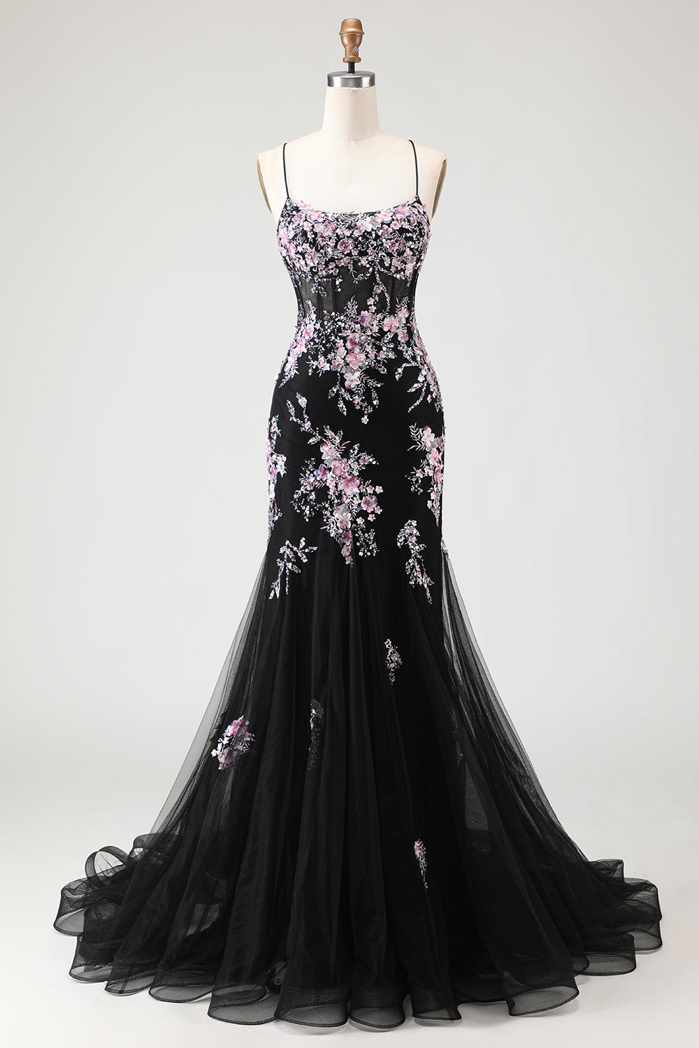 Zapaka Women Sparkly Black Pink Flower Long Prom Dress with Sequins Mermaid Corset Spaghetti Straps Party Dress with Lace Up Back, Black Pink Flower / Zapaka Women Sparkly Black Pink Flower Long Prom Dress with Sequins Mermaid Corset Spaghetti Straps Party Dress with Lace Up Back, Black Pink Flower /