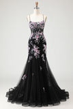 Sparkly Black Pink Flower Mermaid Sequins Corset Long Prom Dress with Lace Up Back