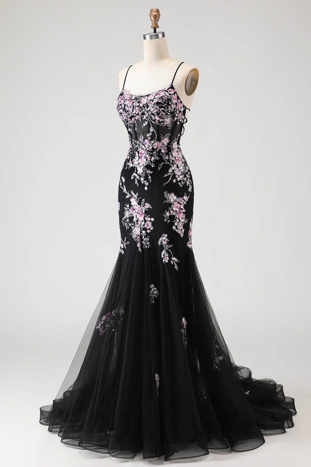 Zapaka Women Sparkly Black Pink Flower Long Prom Dress with Sequins Mermaid Corset Spaghetti Straps Party Dress with Lace Up Back, Black Pink Flower / Zapaka Women Sparkly Black Pink Flower Long Prom Dress with Sequins Mermaid Corset Spaghetti Straps Party Dress with Lace Up Back, Black Pink Flower /