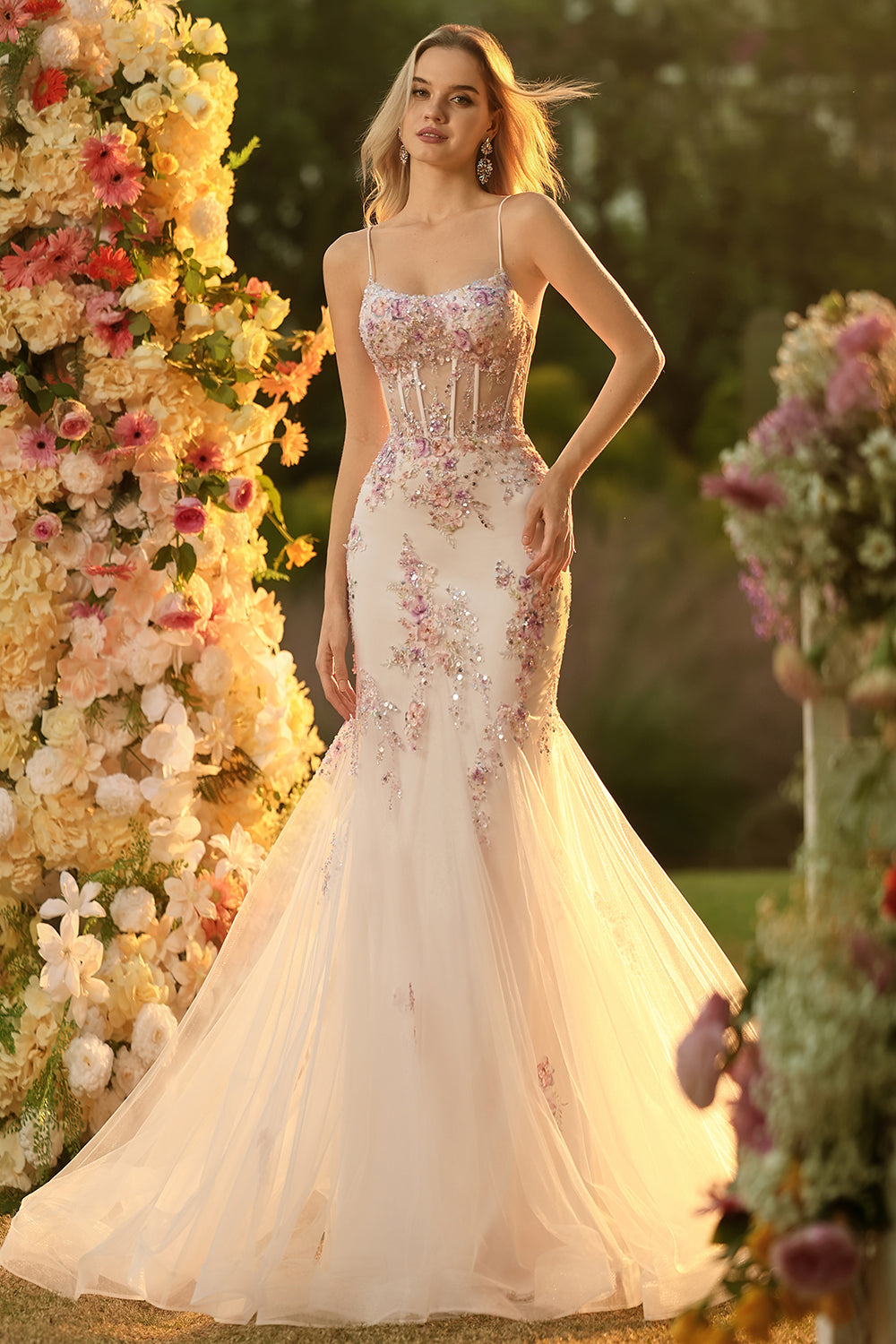 White Pink Flower Mermaid Sequins Corset Beaded Long Prom Dress with Lace Up Back White Pink Flower Mermaid Sequins Corset Beaded Long Prom Dress with Lace Up Back