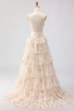 Pink Floral Strapless Tiered A Line Corset Print Beaded Long Prom Dress with Ruffles