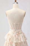 Pink Floral Strapless Tiered A Line Corset Print Beaded Long Prom Dress with Ruffles
