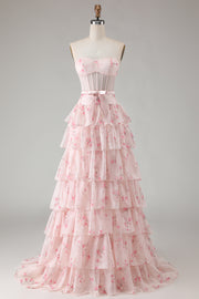 Pink Floral Strapless Tiered A Line Corset Print Beaded Long Prom Dress with Ruffles
