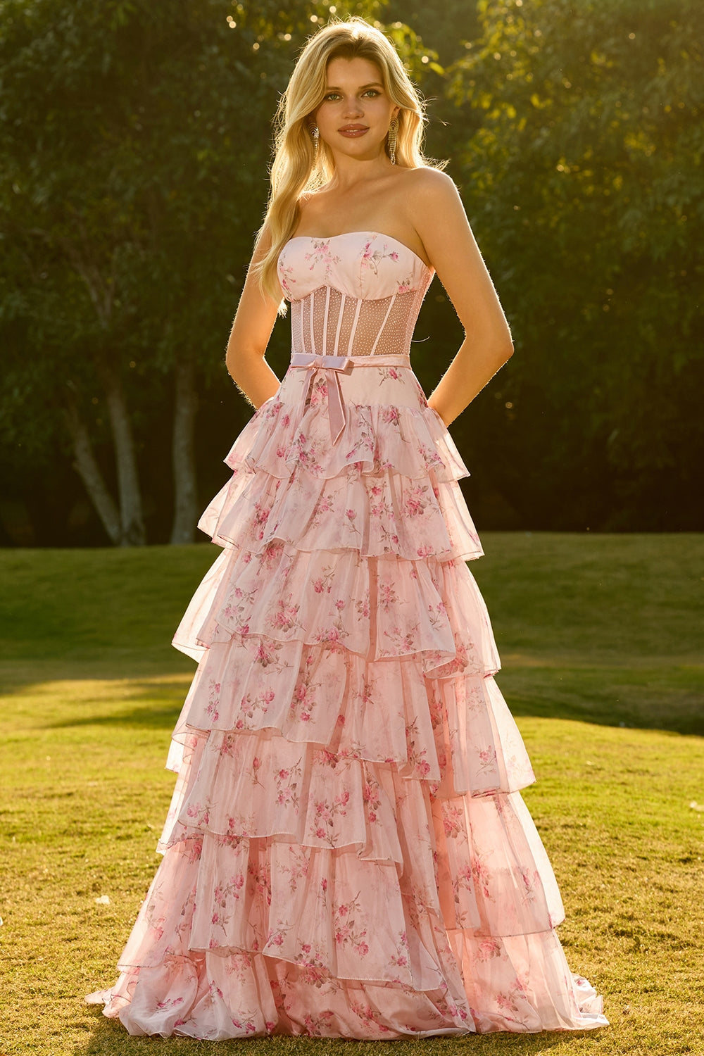 Zapaka Women Yellow Floral Long Prom Dress with Ruffles A-Line Strapless Corset Beaded Tiered Formal Dress, Pink Red Flower / US10