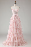 Pink Floral Strapless Tiered A Line Corset Print Beaded Long Prom Dress with Ruffles