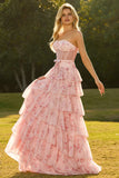 Pink Strapless Floral A Line Corset Beaded Tiered Long Prom Dress with Ruffles