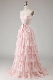 Pink Floral Strapless Tiered A Line Corset Print Beaded Long Prom Dress with Ruffles