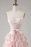 Pink Floral Strapless Tiered A Line Corset Print Beaded Long Prom Dress with Ruffles