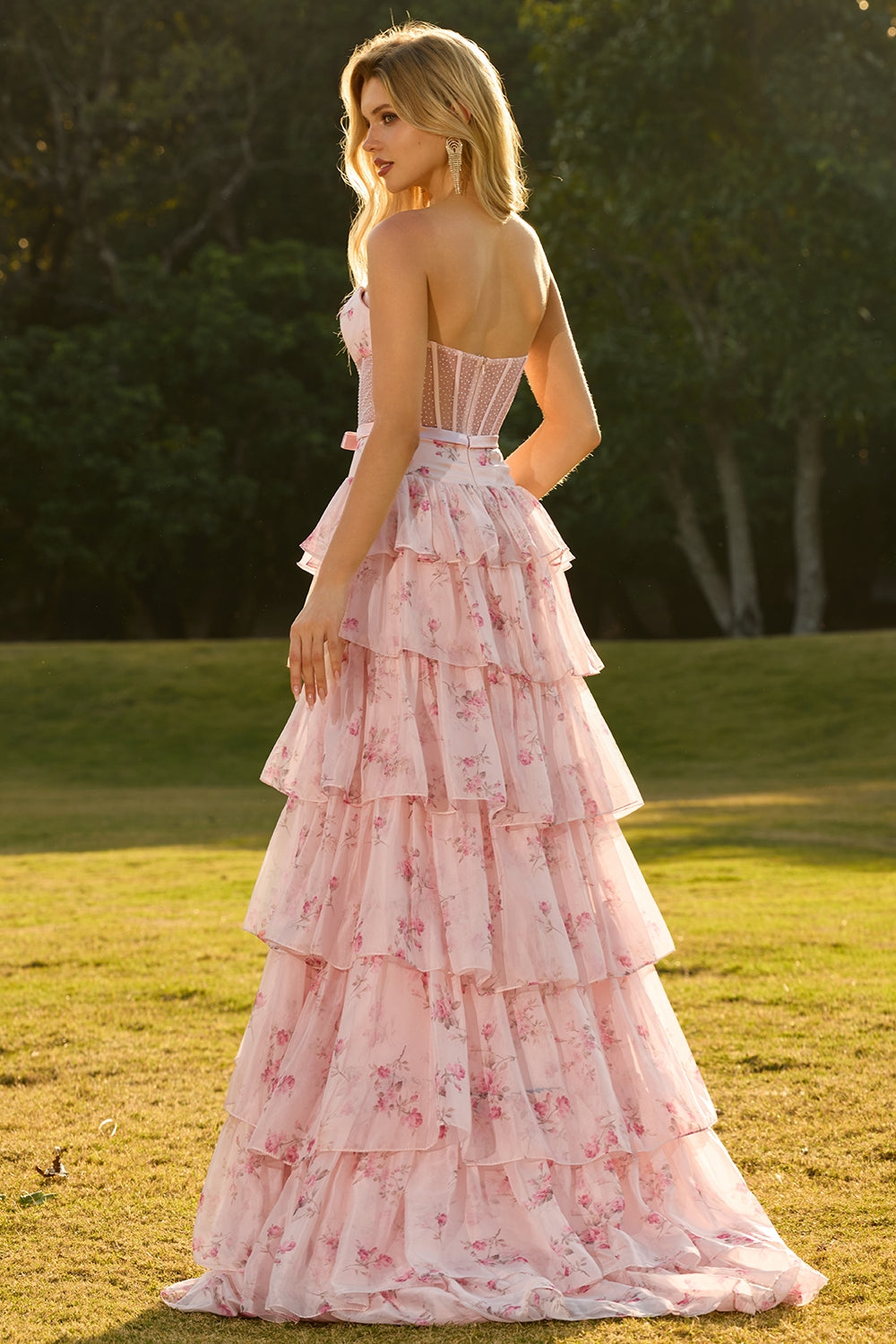 pink floral ruffle prom dress Pink Floral Strapless Satin Corset Ball Gown with Chiffon Ruffle Skirt Slit Prom Dress