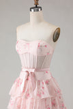Pink Floral Strapless Tiered A Line Corset Print Beaded Long Prom Dress with Ruffles