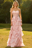Pink Floral Strapless Tiered A Line Corset Print Beaded Long Prom Dress with Ruffles