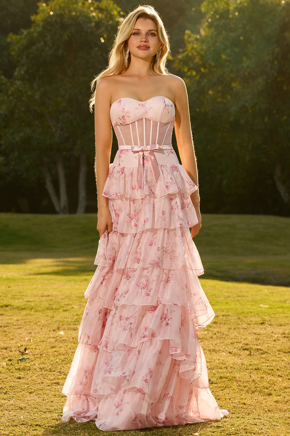 Zapaka Women Yellow Floral Long Prom Dress with Ruffles A-Line Strapless Corset Beaded Tiered Formal Dress, Pink Red Flower / US22W Zapaka Women Yellow Floral Long Prom Dress with Ruffles A-Line Strapless Corset Beaded Tiered Formal Dress, Pink Red Flower / US22W