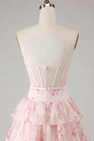 Pink Floral Strapless Tiered A Line Corset Print Beaded Long Prom Dress with Ruffles