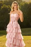 Pink Strapless Floral A Line Corset Beaded Tiered Long Prom Dress with Ruffles