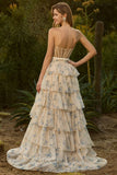 Pink Floral Strapless Tiered A Line Corset Print Beaded Long Prom Dress with Ruffles