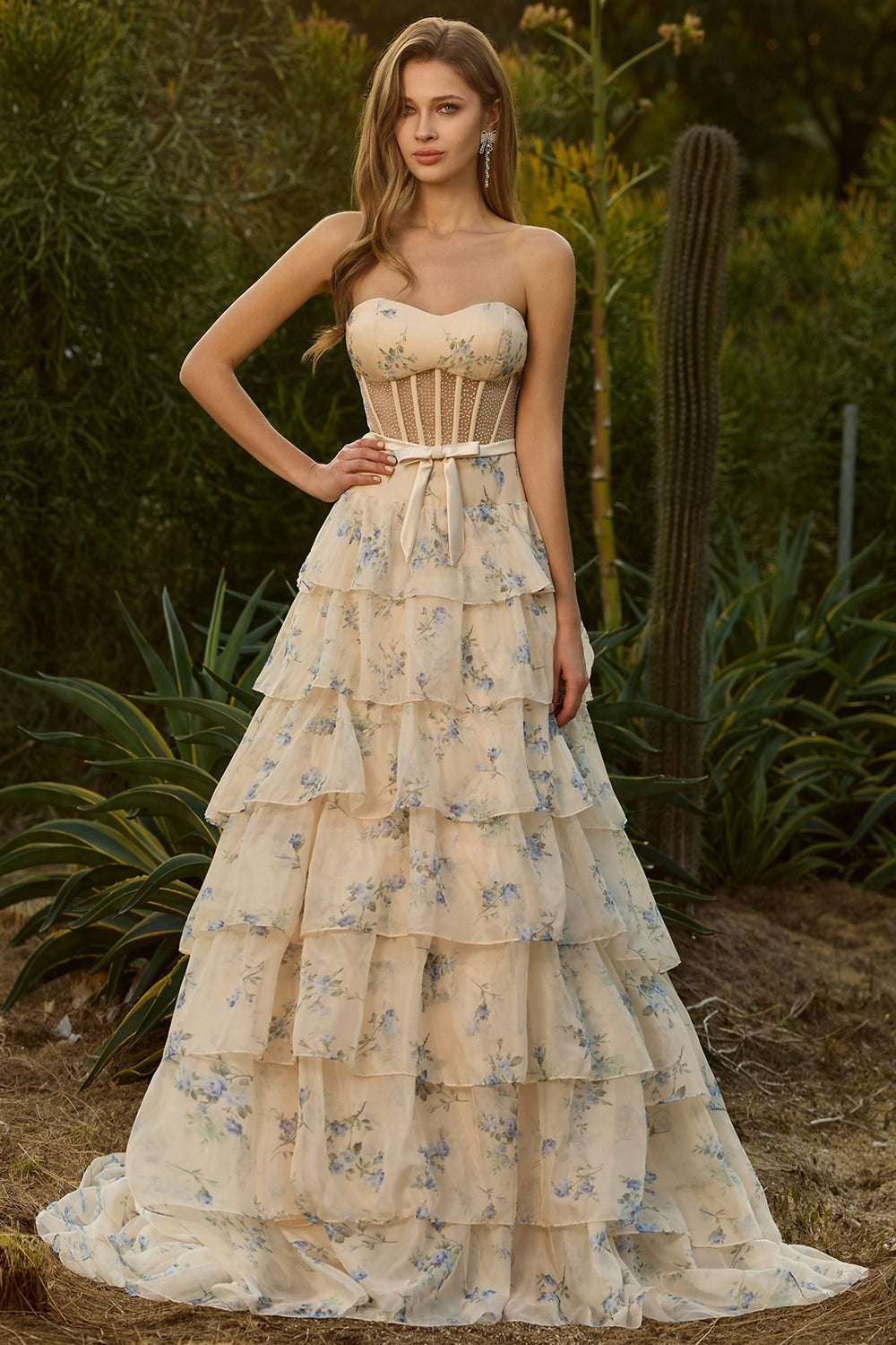 Zapaka Women Yellow Floral Long Prom Dress with Ruffles A-Line Strapless Corset Beaded Tiered Formal Dress, Yellow Blue Flower / US24W Zapaka Women Yellow Floral Long Prom Dress with Ruffles A-Line Strapless Corset Beaded Tiered Formal Dress, Yellow Blue Flower / US24W