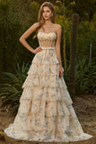 Pink Strapless Floral A Line Corset Beaded Tiered Long Prom Dress with Ruffles