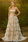 Pink Floral Strapless Tiered A Line Corset Print Beaded Long Prom Dress with Ruffles