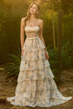 Pink Strapless Floral A Line Corset Beaded Tiered Long Prom Dress with Ruffles