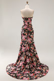 Black Pink Floral Mermaid Strapless Corset Long Prom Dress with Slit