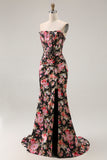 Black Pink Floral Mermaid Strapless Corset Long Prom Dress with Slit