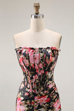 Black Pink Floral Strapless Mermaid Corset Long Prom Dress with Slit