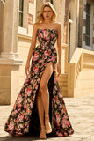 Black Pink Floral Mermaid Strapless Corset Long Prom Dress with Slit